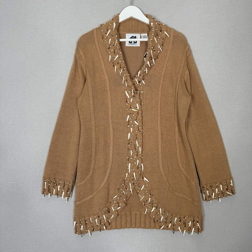 Storybook Knits Shawl Collar Cardigan Womens M Brown Beaded Embellished Pearls